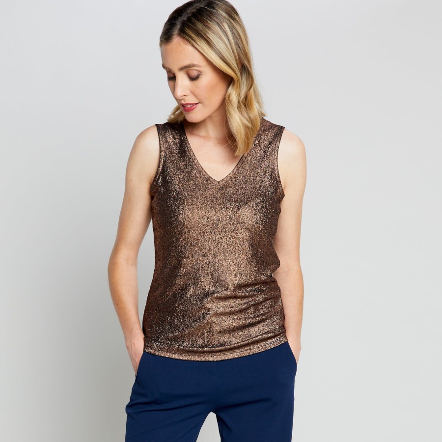 Tops Emreco Sleeveless | Sleeveless V Neck Shimmer Vest Bronze