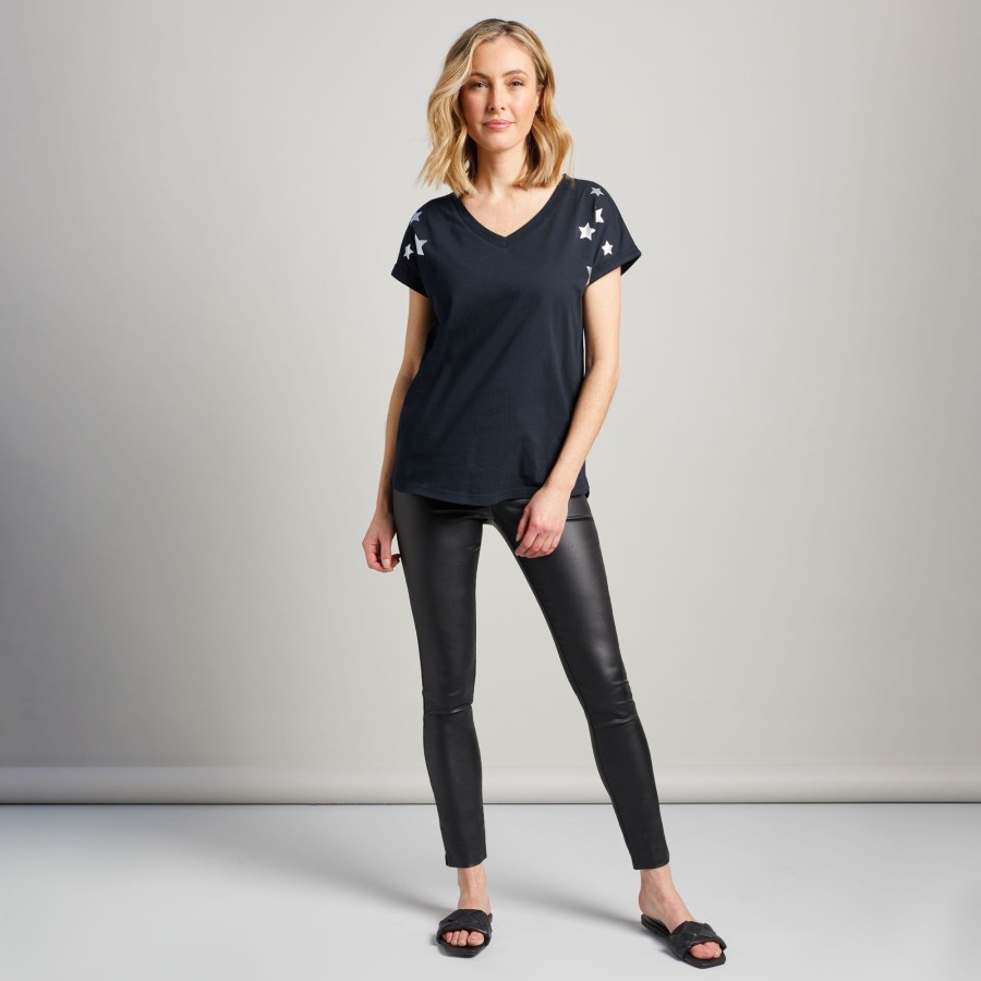 Tops Emreco T-Shirts & Tops | Scattered Stars Foil V-Neck T-Shirt Black