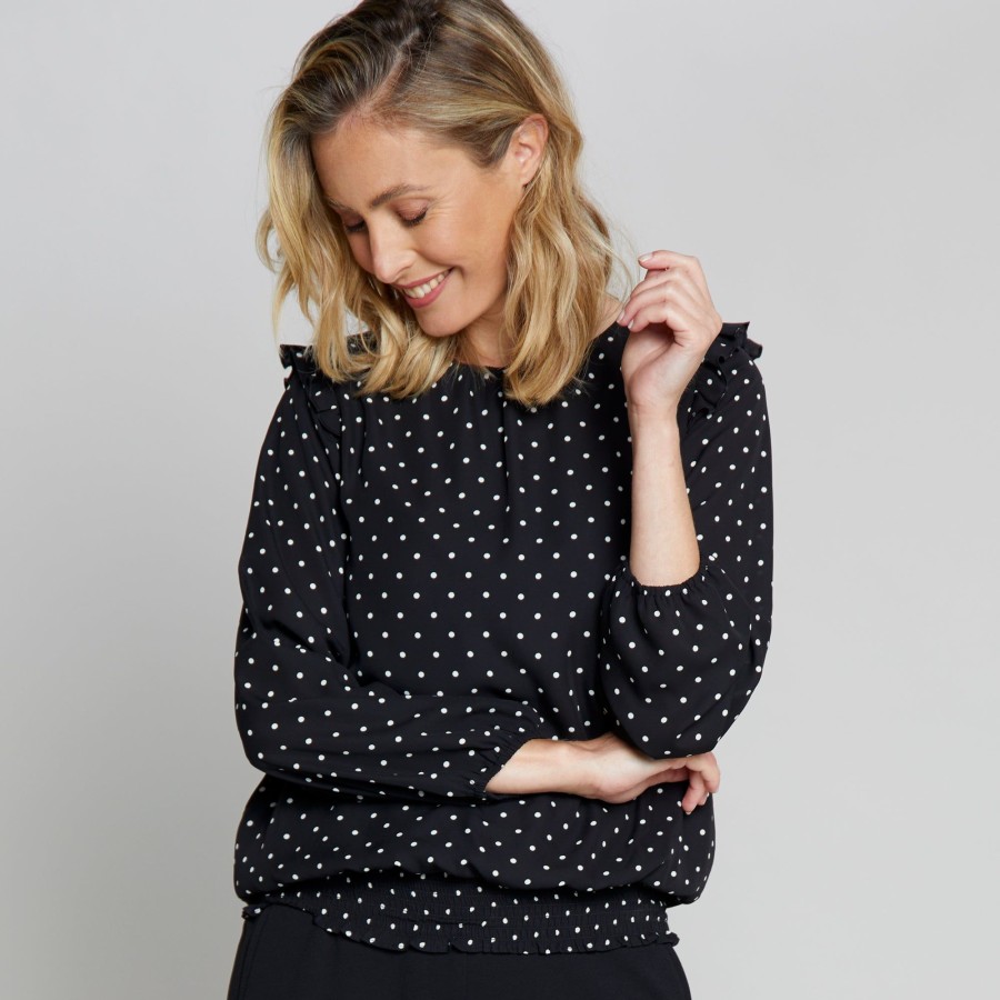 Tops Emreco Shirts & Blouses | Long Sleeve Shirred Hem Blouse Black Spot