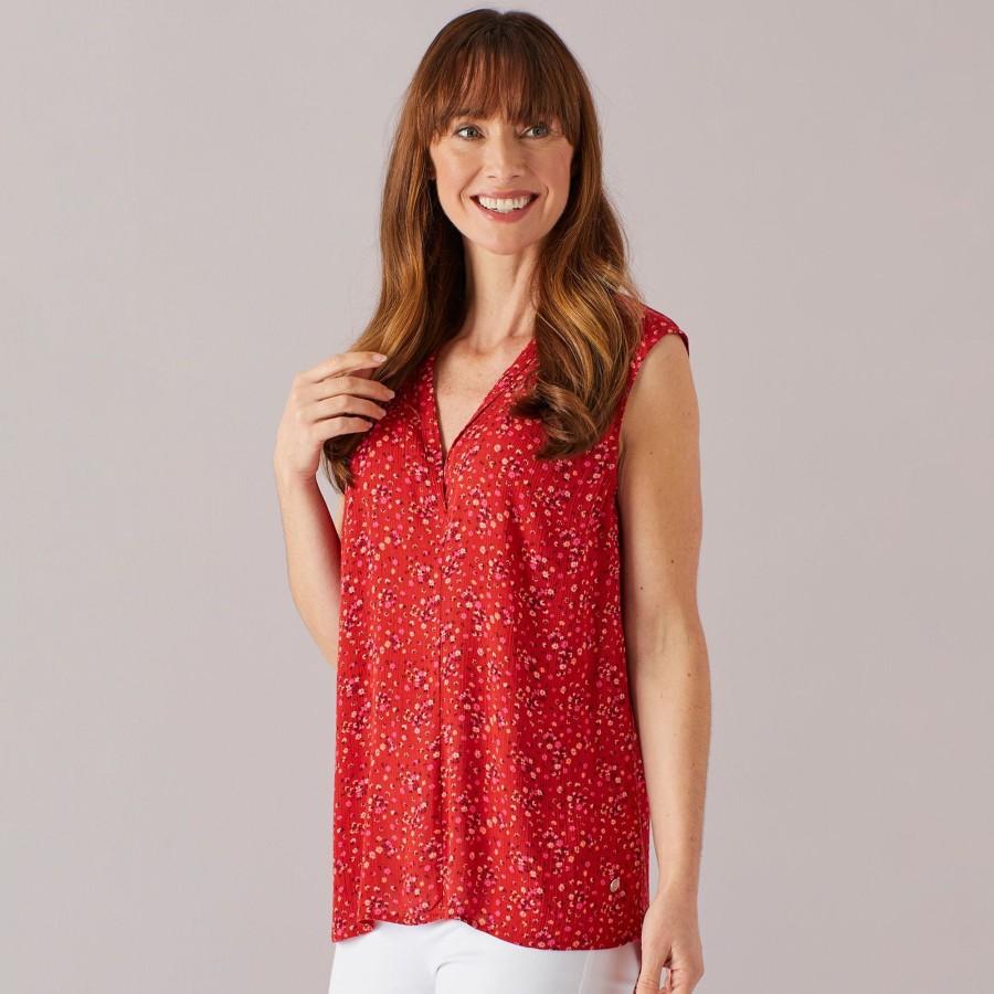 Tops Emreco Sleeveless | Crinkle Shawl Neck Top Red