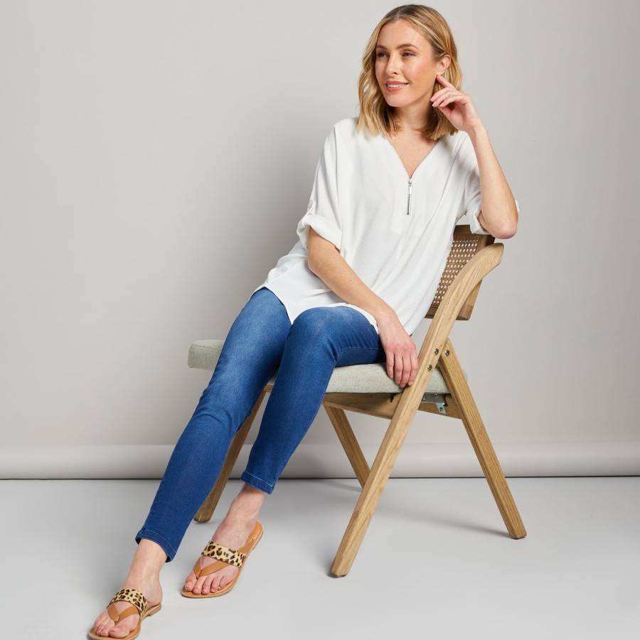 Tops Emreco Shirts & Blouses | Zip Front Roll Sleeve Relaxed Fit Blouse Ivory