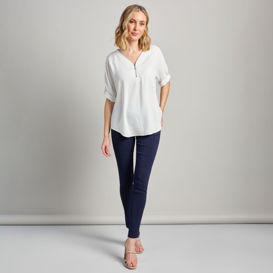 Tops Emreco Shirts & Blouses | Zip Front Roll Sleeve Relaxed Fit Blouse Ivory