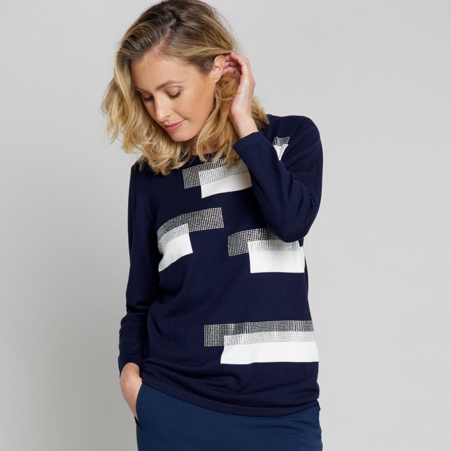 Tops Emreco Jumpers | 3/4 Sleeve Colour Block Sparkle Jumper Navy/Ivory