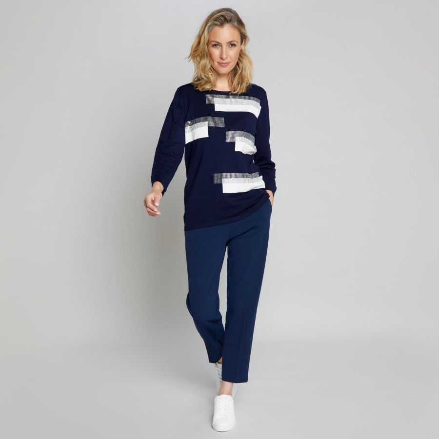 Tops Emreco Jumpers | 3/4 Sleeve Colour Block Sparkle Jumper Navy/Ivory