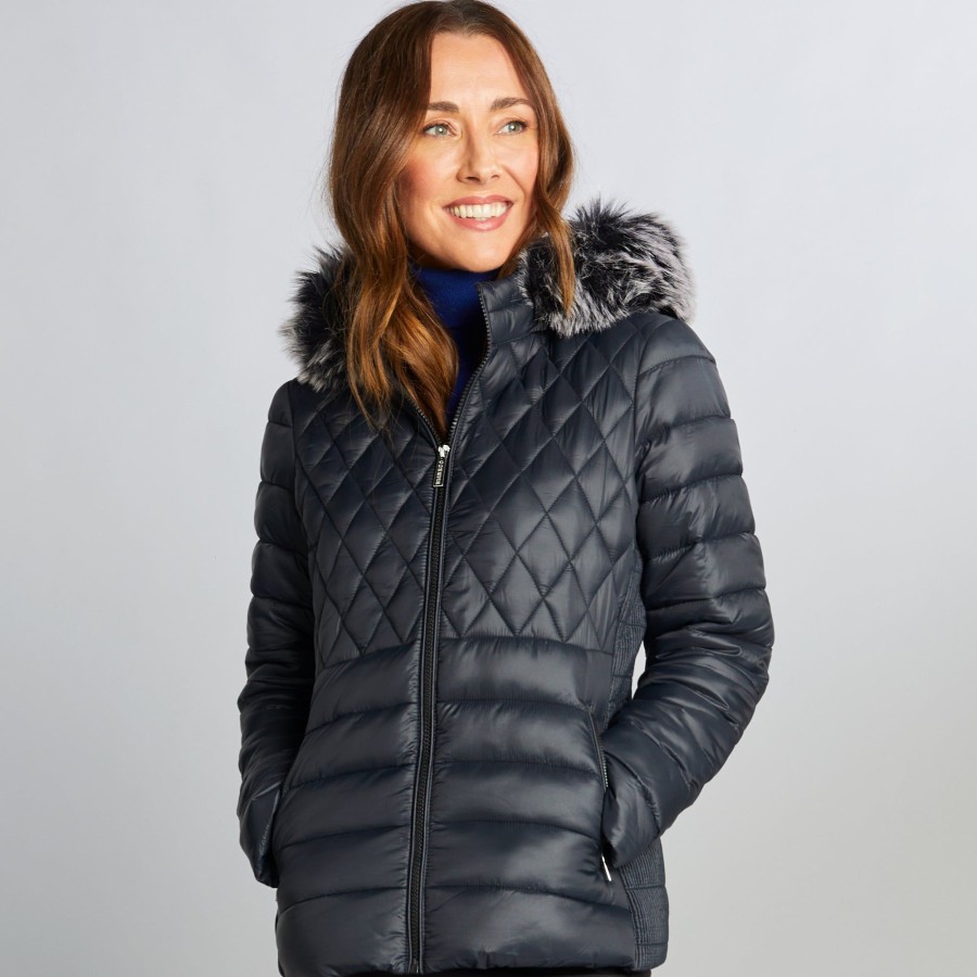 Outerwear Emreco | Long Sleeve Faux Fur Hood Quilted Jacket Black