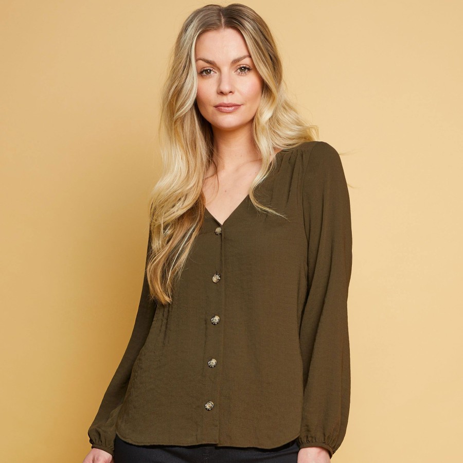 Tops Emreco Shirts & Blouses | V-Neck Long Sleeve Button Front Blouse Olive