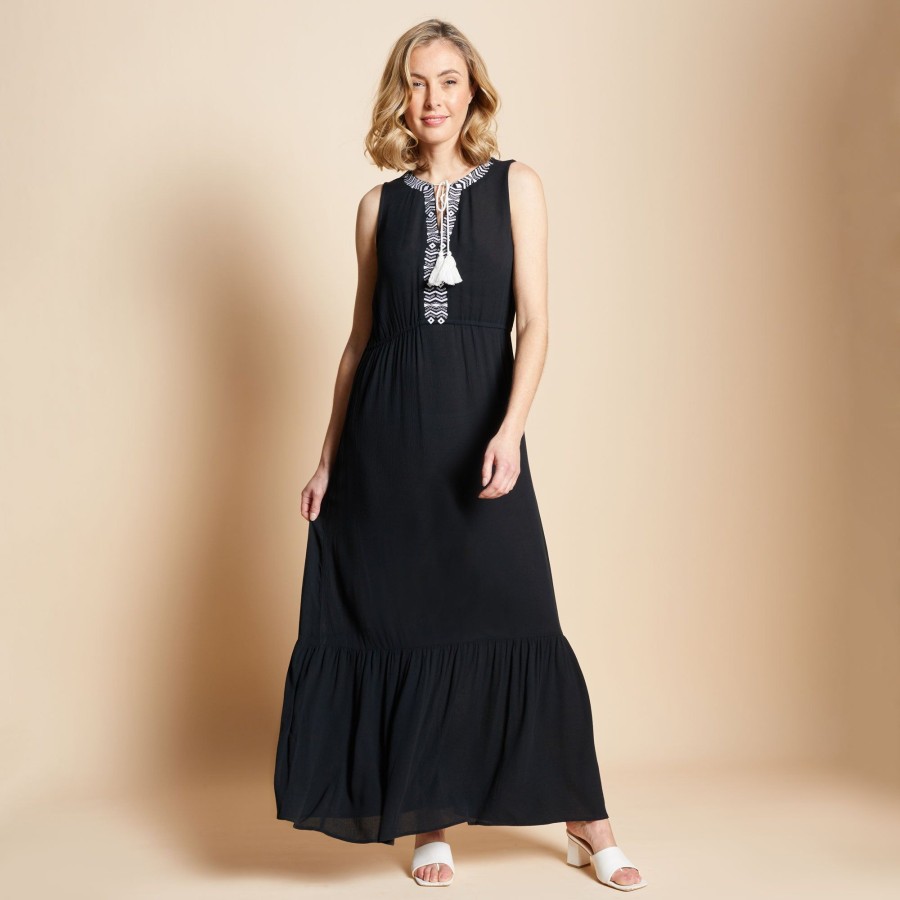 Dresses & Jumpsuits Emreco Maxi | Sleeveless Embroidered Tiered Maxi Dress Black