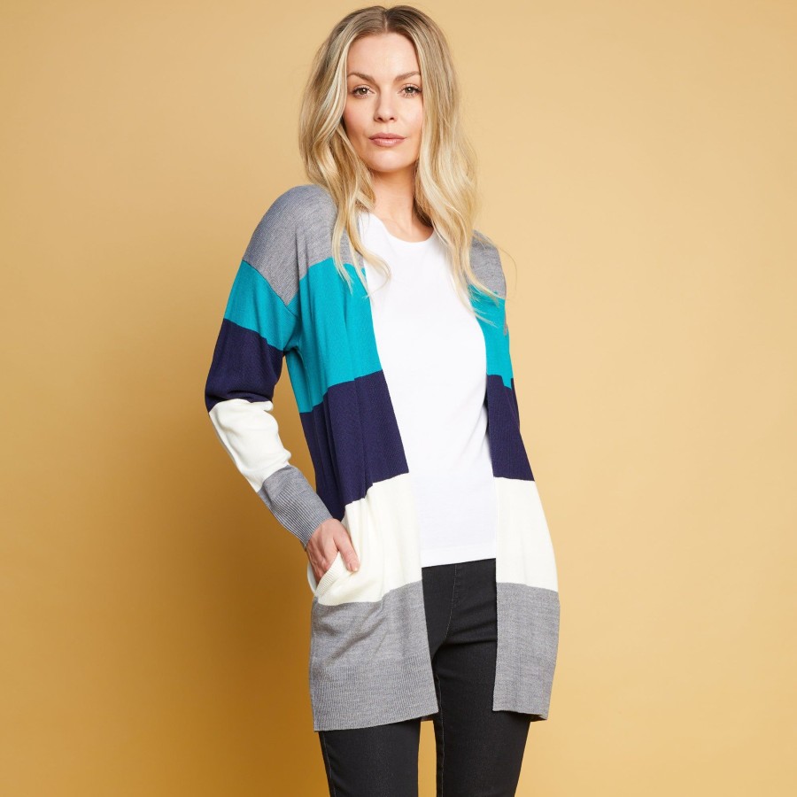 Tops Emreco Cardigans | Colour Block Edge To Edge Cardigan Blue