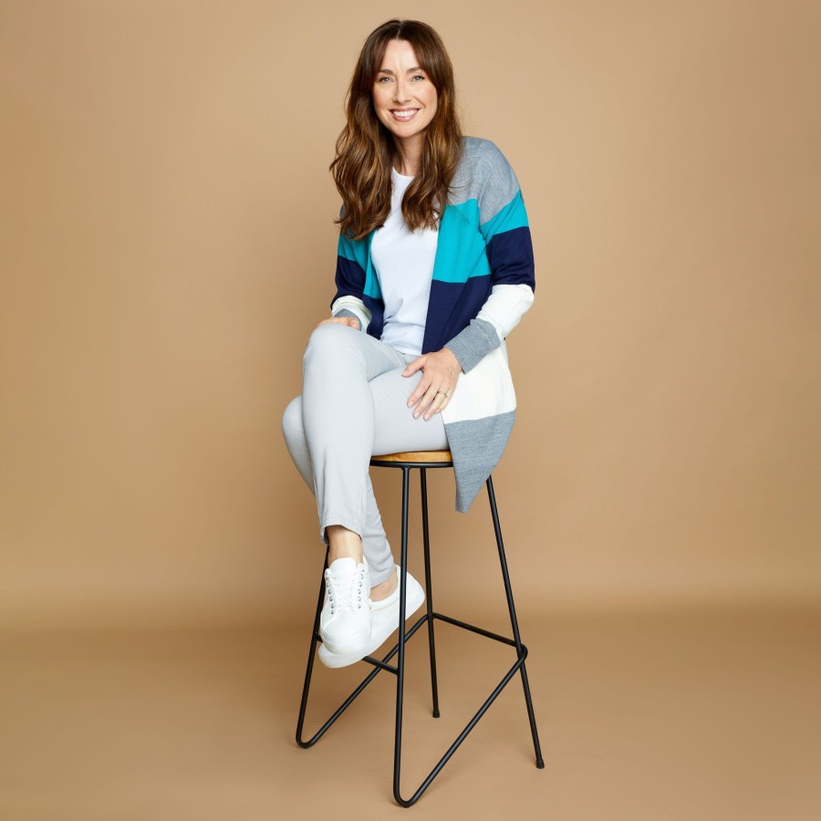 Tops Emreco Cardigans | Colour Block Edge To Edge Cardigan Blue