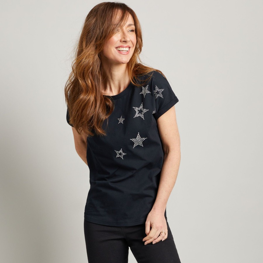 Tops Emreco T-Shirts & Tops | Scattered Stud Star Crew Neck T-Shirt Black