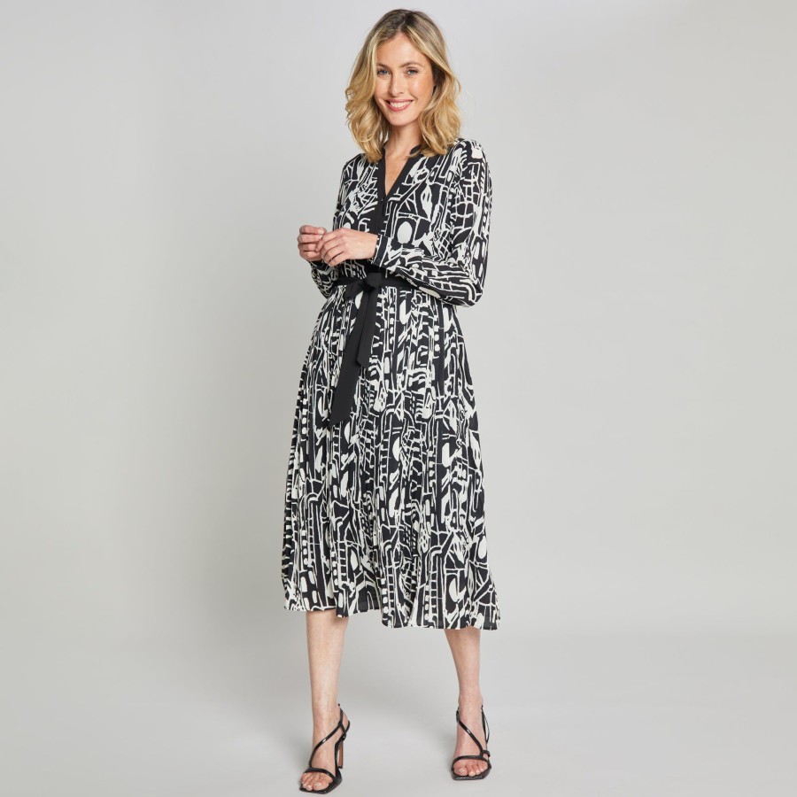 Dresses & Jumpsuits Emreco Midi | Long Sleeve Abstract Print Pleated Dress Black / White