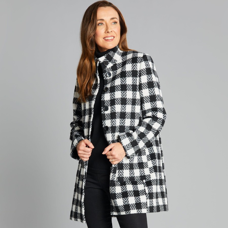 Outerwear Emreco | Long Sleeve Check Funnel Neck Coat Black / White