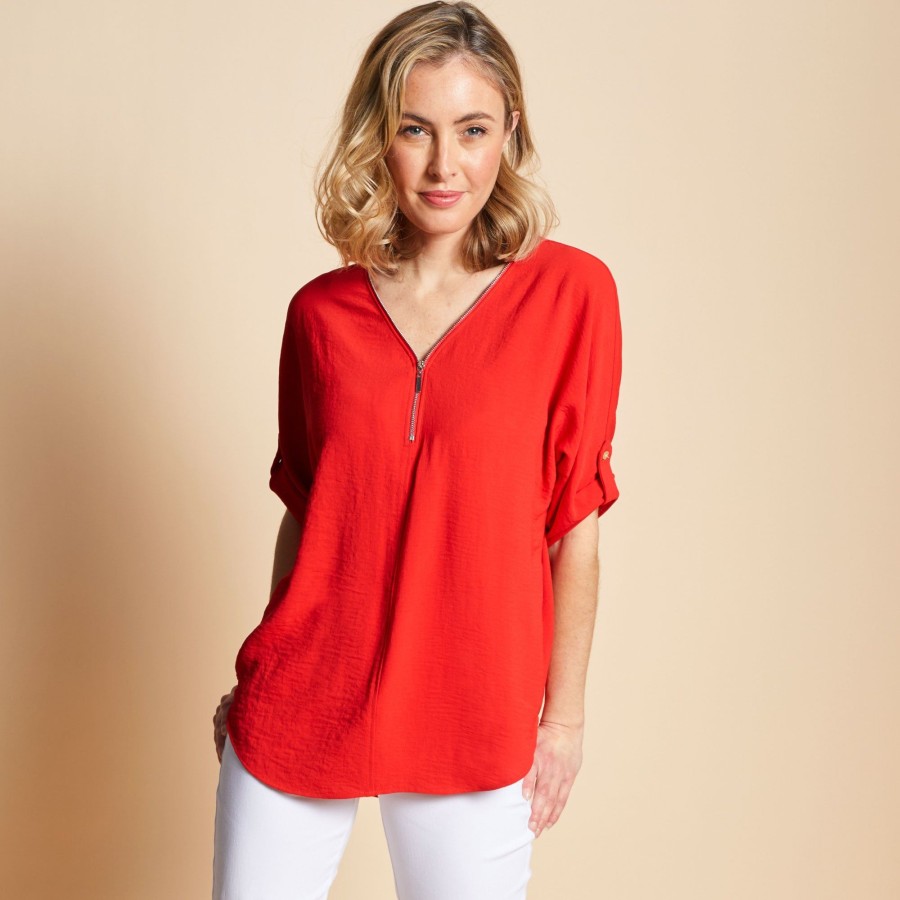 Tops Emreco Shirts & Blouses | Zip Front Roll Sleeve Relaxed Fit Blouse Red