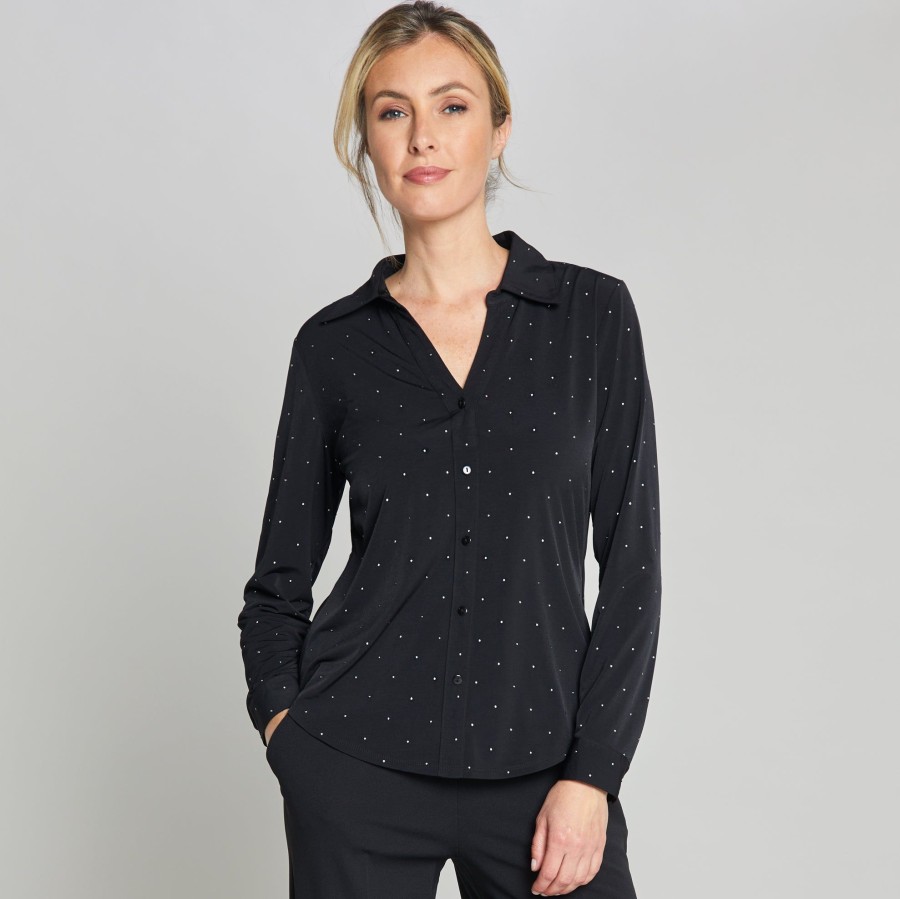 Tops Emreco Shirts & Blouses | Long Sleeve Stud Classic Collar Blouse Black