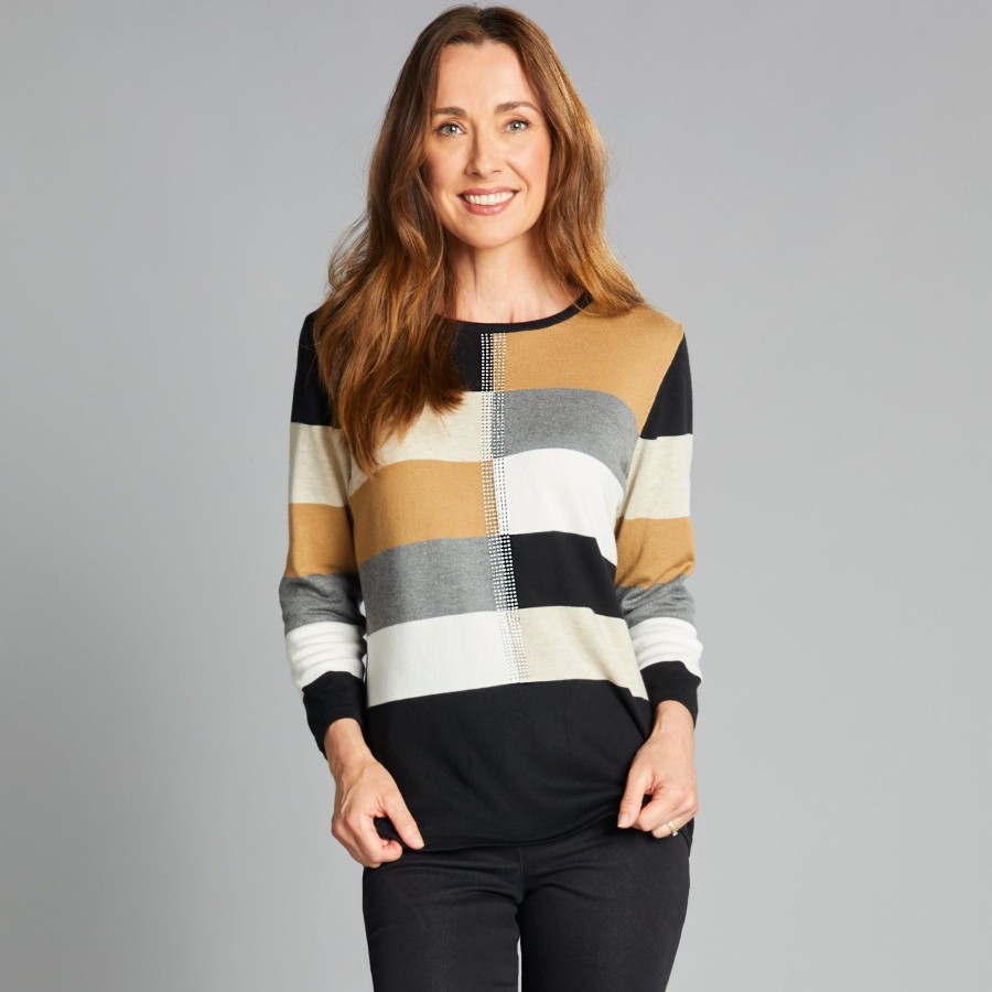 Tops Emreco Jumpers | 3/4 Sleeve Colour Block Sparkle Jumper Black/Cream