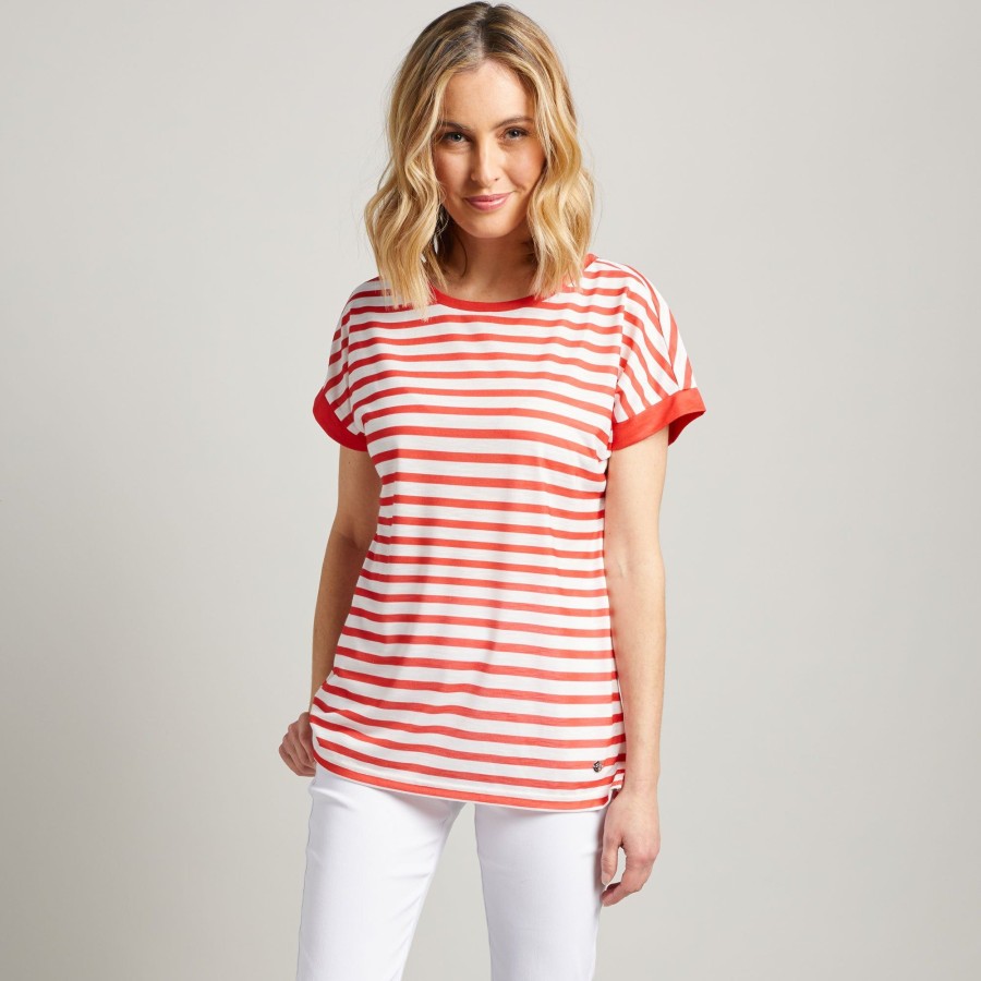 Tops Emreco T-Shirts & Tops | Stripe Crew Neck T Shirt White/Red