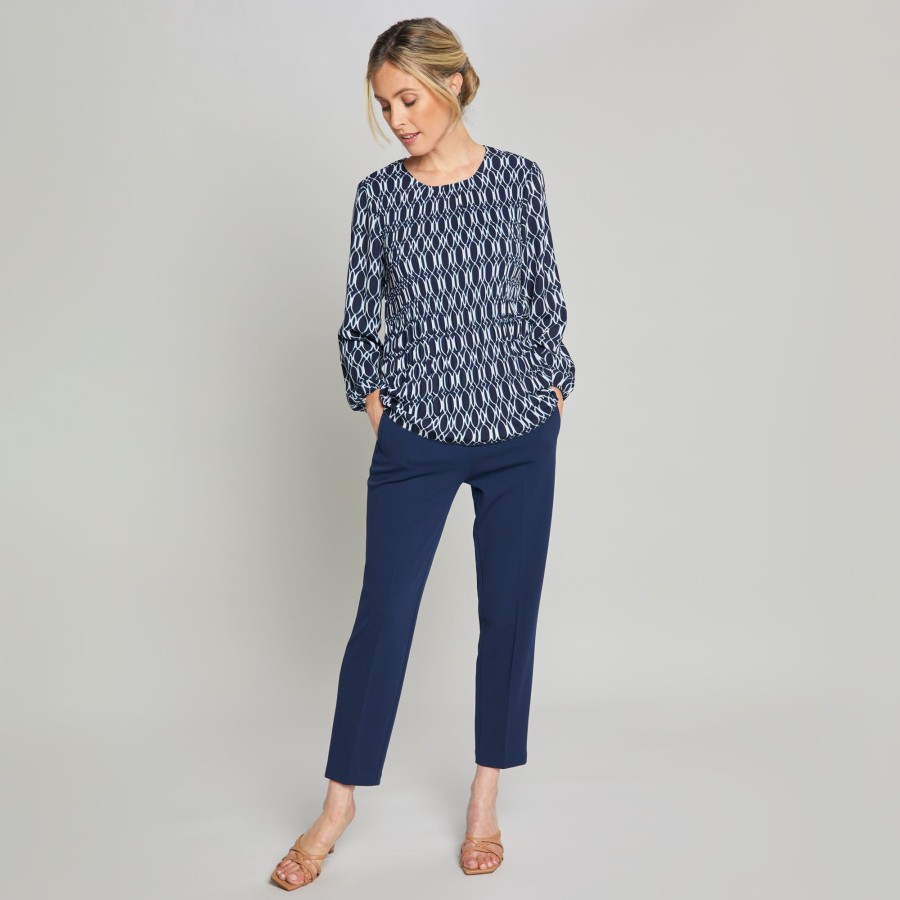 Tops Emreco Shirts & Blouses | Long Sleeve Print Pleated Swing Top Navy