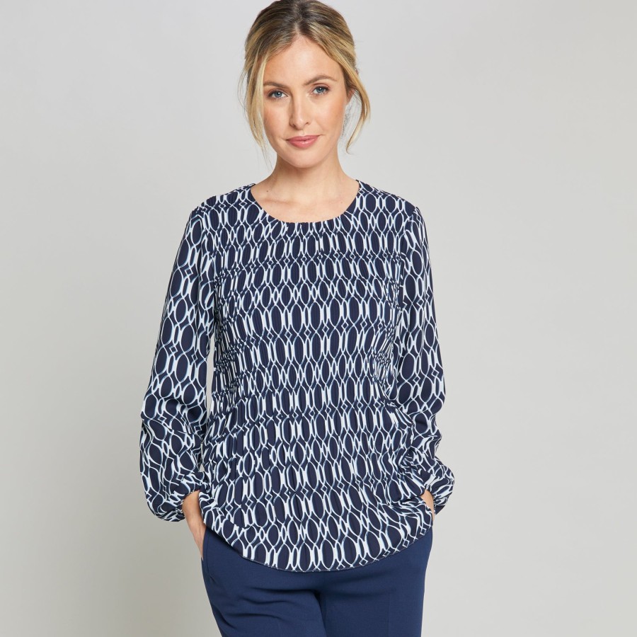 Tops Emreco Shirts & Blouses | Long Sleeve Print Pleated Swing Top Navy