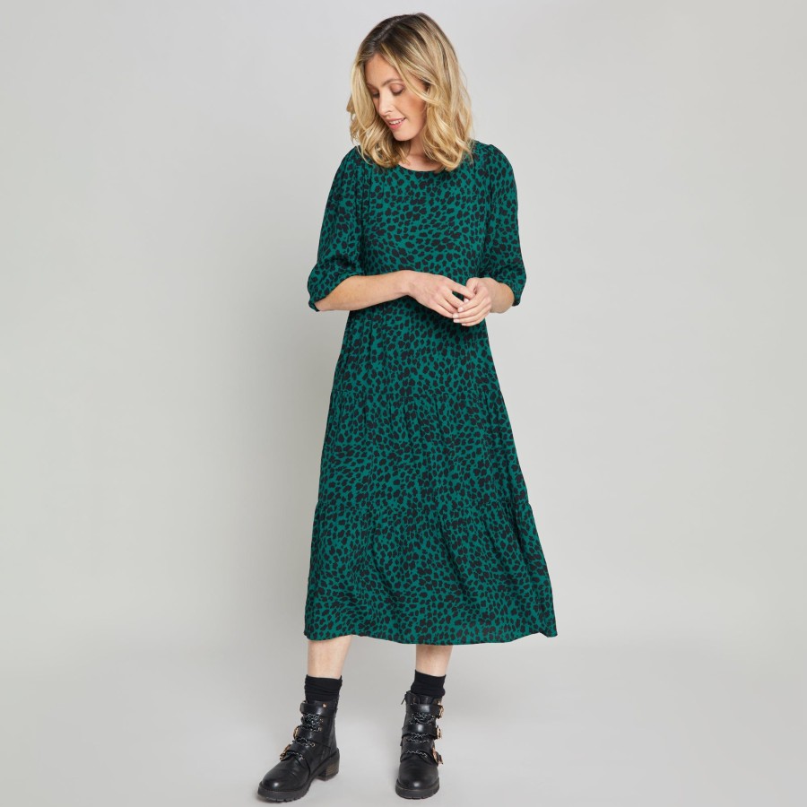 Dresses & Jumpsuits Emreco Midi | 3/4 Sleeve Animal Print Midi Dress Green