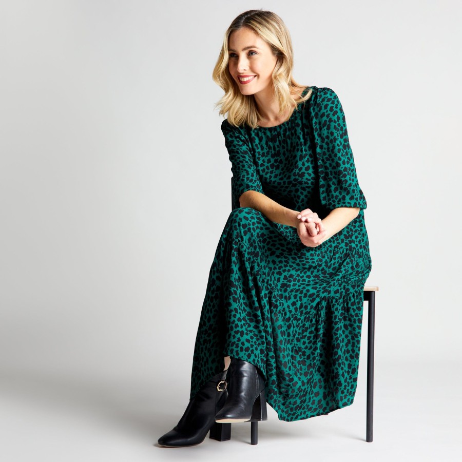 Dresses & Jumpsuits Emreco Midi | 3/4 Sleeve Animal Print Midi Dress Green