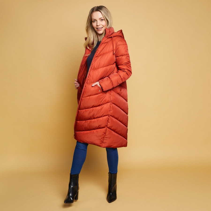 Outerwear Emreco | Longline Padded Coat With Hood Rust