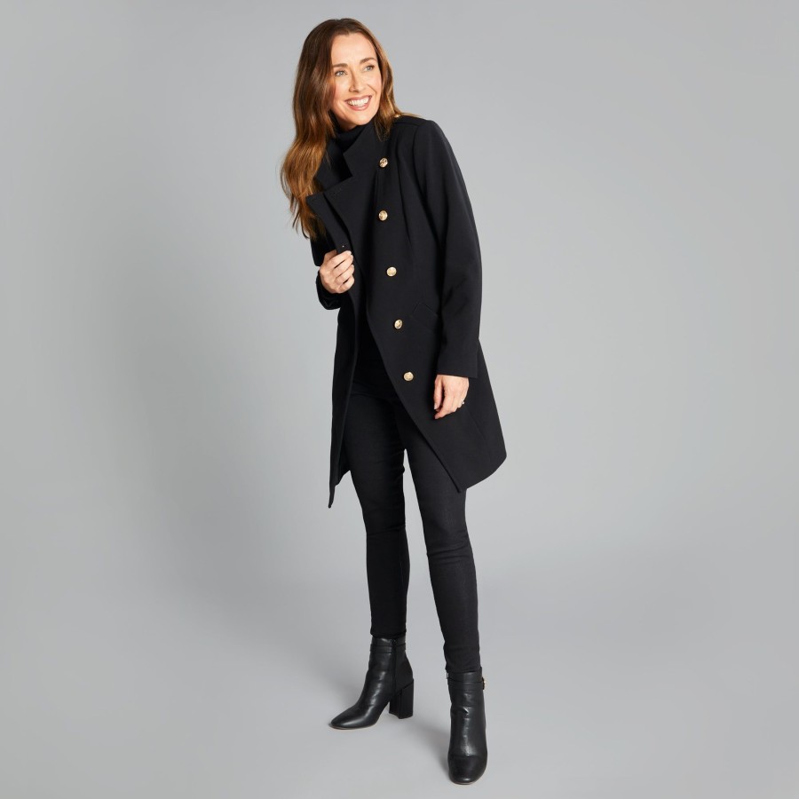 Outerwear Emreco | Funnel Neck Tie Waist Formal Coat Black