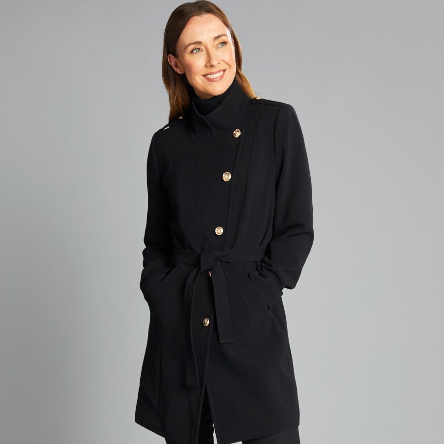 Outerwear Emreco | Funnel Neck Tie Waist Formal Coat Black