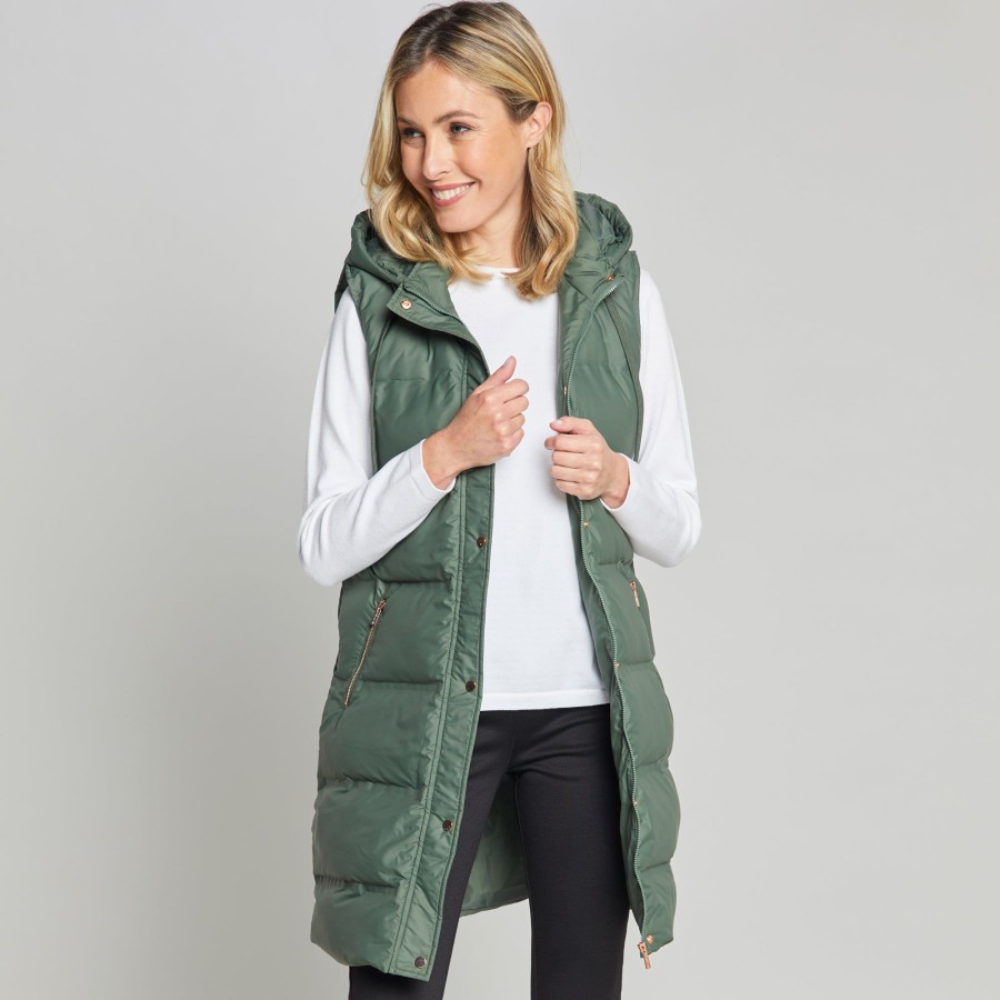 Outerwear Emreco | Longline Quilted Gilet With Hood Khaki