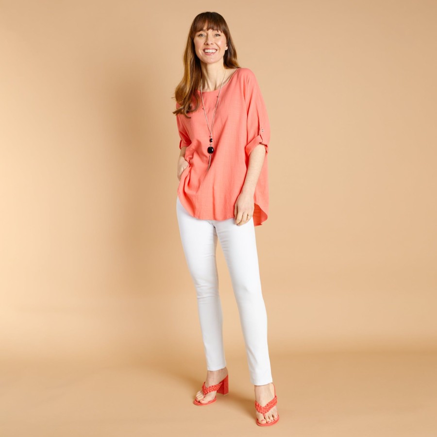 Tops Emreco Shirts & Blouses | Oversized Woven Top & Necklace Coral