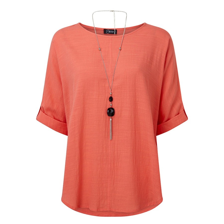 Tops Emreco Shirts & Blouses | Oversized Woven Top & Necklace Coral