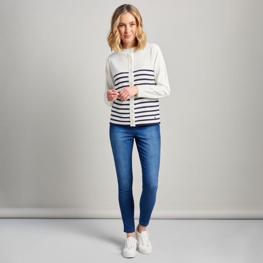 Tops Emreco Cardigans | Stripe Long Sleeve Button Front Cardigan Navy Stripe