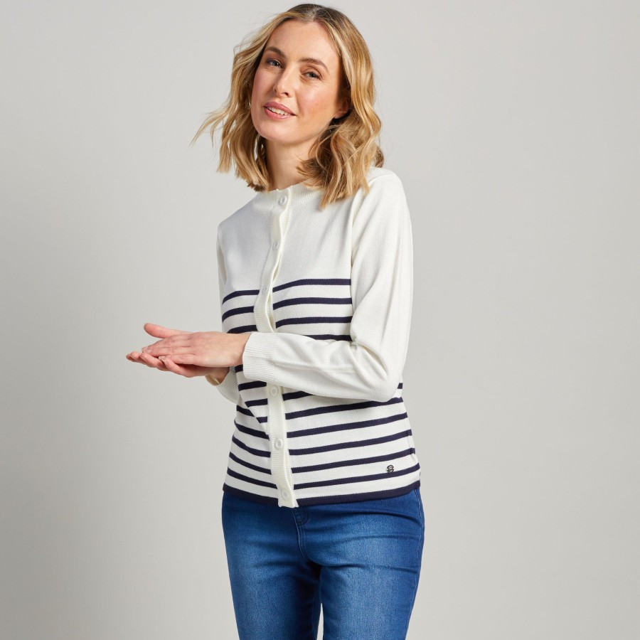 Tops Emreco Cardigans | Stripe Long Sleeve Button Front Cardigan Navy Stripe