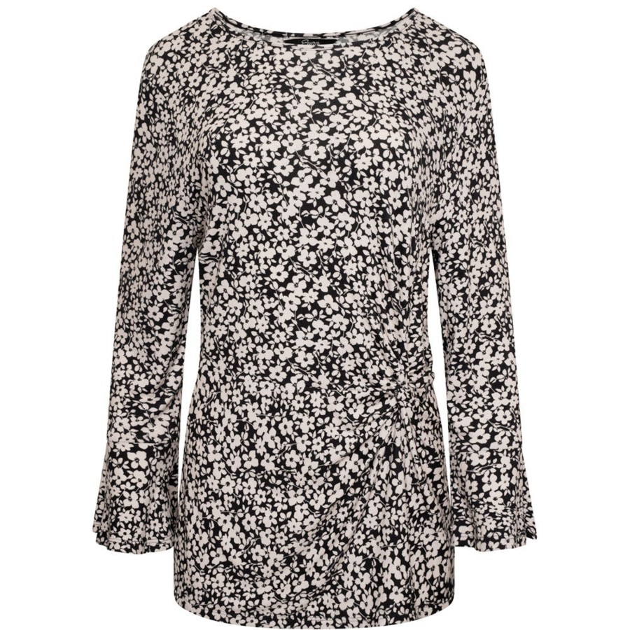 Tops Emreco Shirts & Blouses | Gathered Fluted Sleeve Floral Top Black/Cream