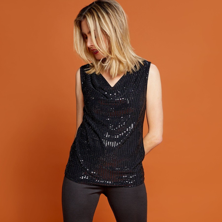 Tops Emreco Sleeveless | Sleeveless Cowl Neck Sequin Sparkle Vest Black