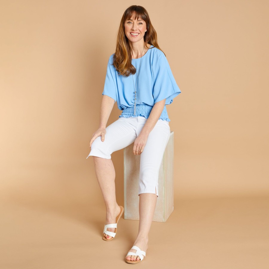 Tops Emreco Shirts & Blouses | Shirred Hem Floaty Sleeve Top & Necklace Blue