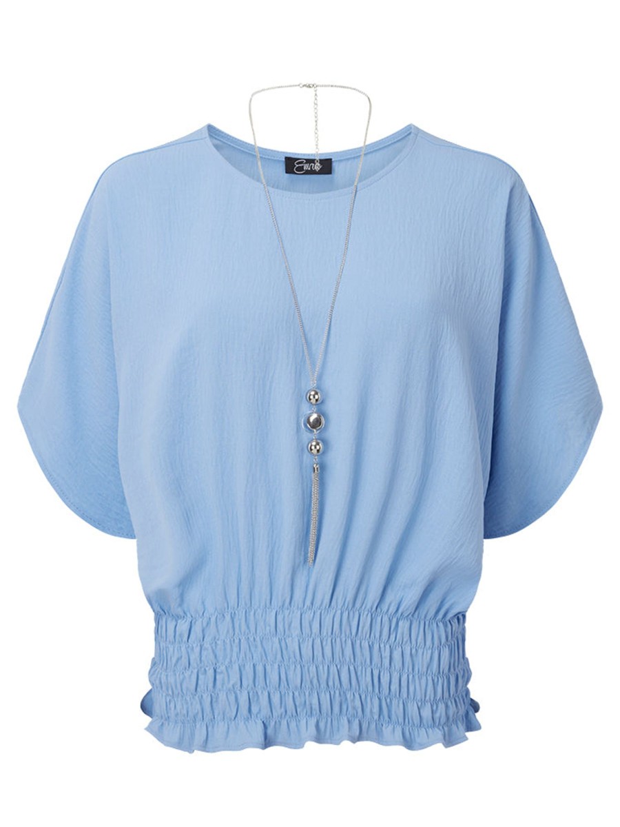 Tops Emreco Shirts & Blouses | Shirred Hem Floaty Sleeve Top & Necklace Blue