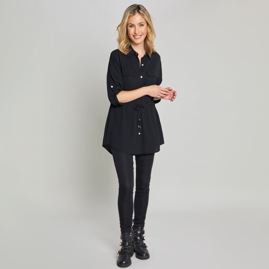 Tops Emreco Shirts & Blouses | Roll Sleeve Tie Waist Tunic Shirt Black