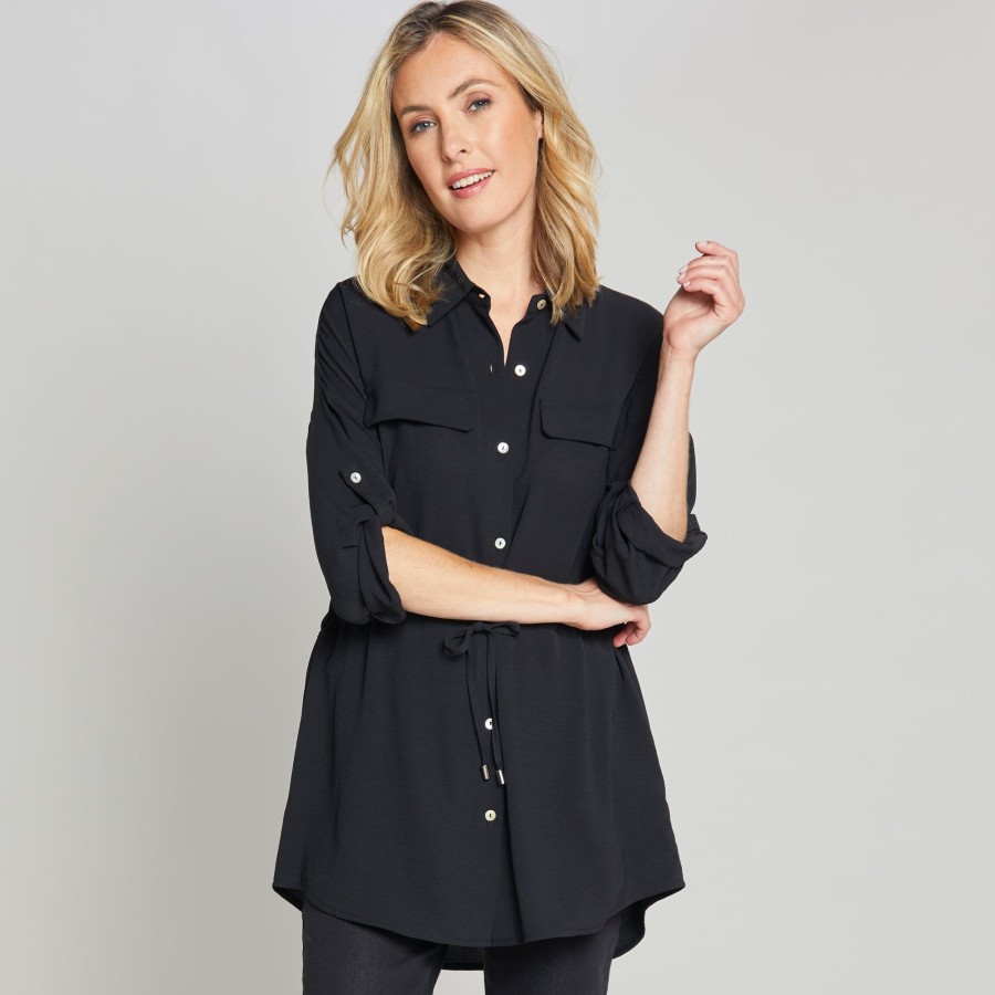 Tops Emreco Shirts & Blouses | Roll Sleeve Tie Waist Tunic Shirt Black