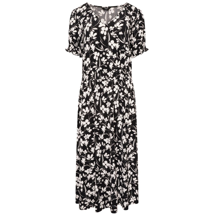 Dresses & Jumpsuits Emreco Maxi | Shirred Floral Print Wrap Tea Dress Black