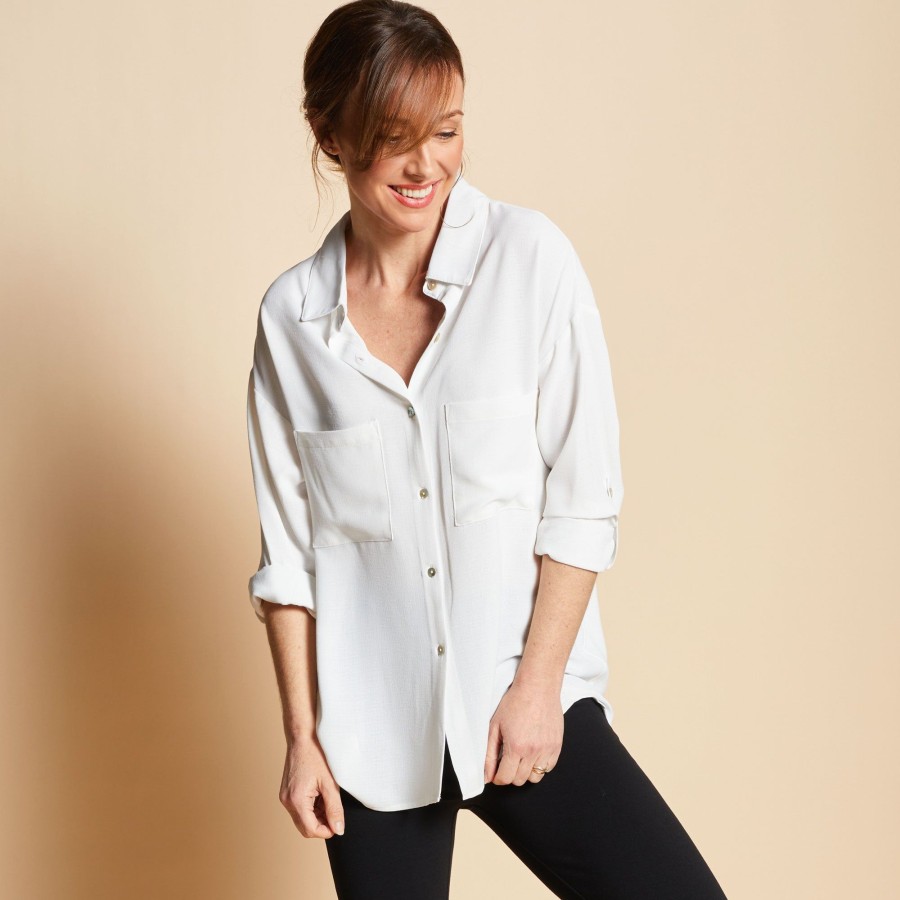 Tops Emreco Shirts & Blouses | Roll Sleeve Relaxed Shirt White