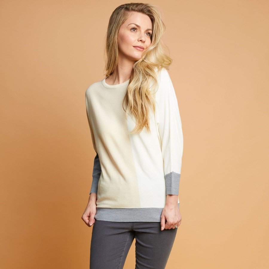 Tops Emreco Jumpers | Neutral Colour Block 3/4 Batwing Jumper Neutral