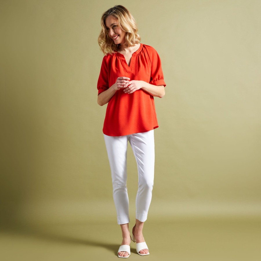 Tops Emreco Shirts & Blouses | Short Cuff Sleeve V-Neck Relaxed Blouse Red