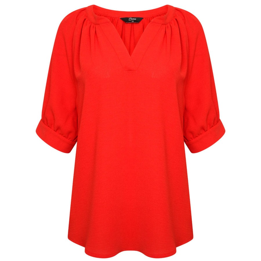 Tops Emreco Shirts & Blouses | Short Cuff Sleeve V-Neck Relaxed Blouse Red