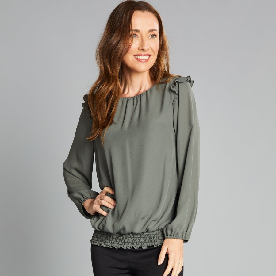 Tops Emreco Shirts & Blouses | Long Sleeve Shirred Hem Blouse Fern