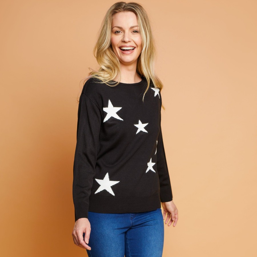 Tops Emreco Jumpers | Mono Long Sleeve Star Sparkle Jumper Black