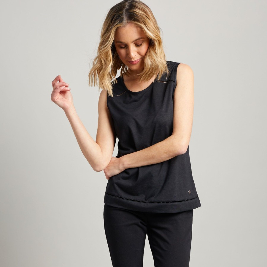 Tops Emreco Sleeveless | Ladder Trim Scoop Neck Sleeveless Top Black