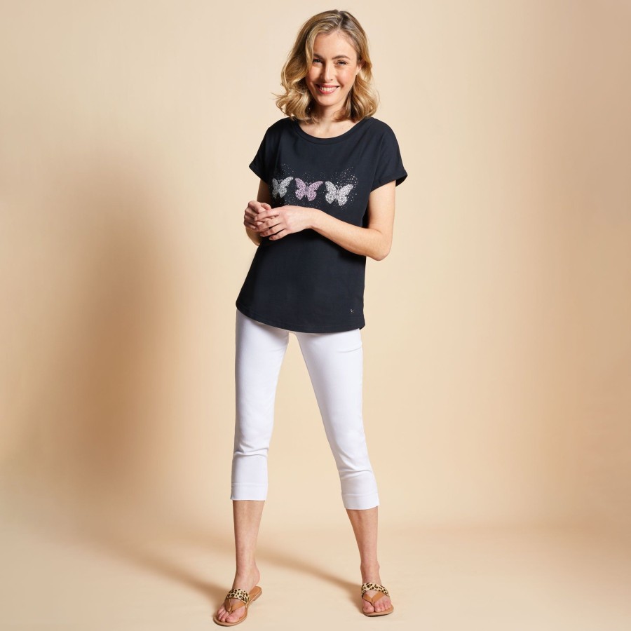 Tops Emreco T-Shirts & Tops | Butterfly Foil Star Round Neck T-Shirt Black