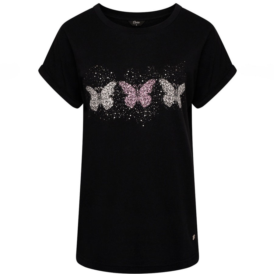 Tops Emreco T-Shirts & Tops | Butterfly Foil Star Round Neck T-Shirt Black