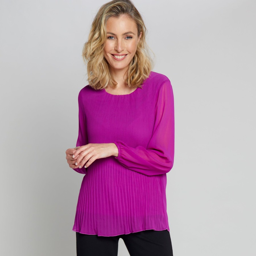 Tops Emreco Shirts & Blouses | Long Sleeve Pleated Plain Swing Top Magenta