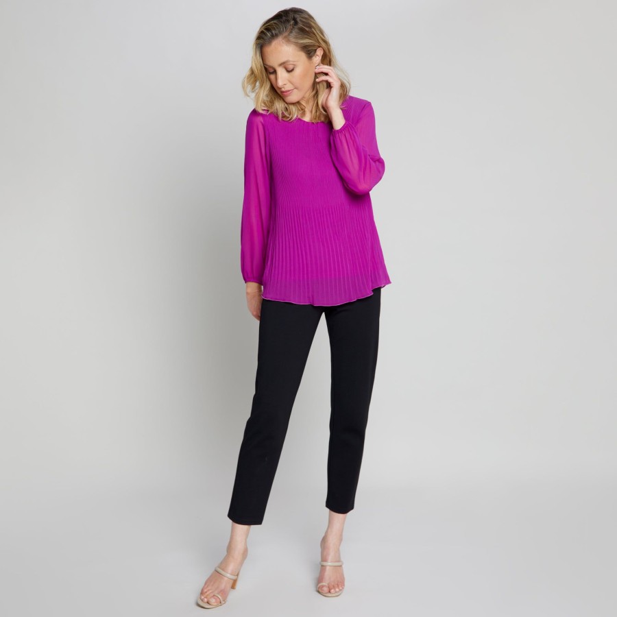 Tops Emreco Shirts & Blouses | Long Sleeve Pleated Plain Swing Top Magenta